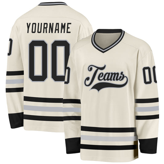 Custom Cream Black-Gray Hockey Jersey - Sky-Custom