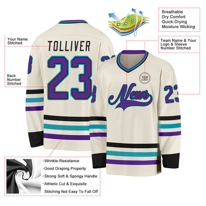 Custom Cream Purple Black-Teal Hockey Jersey - Sky-Custom