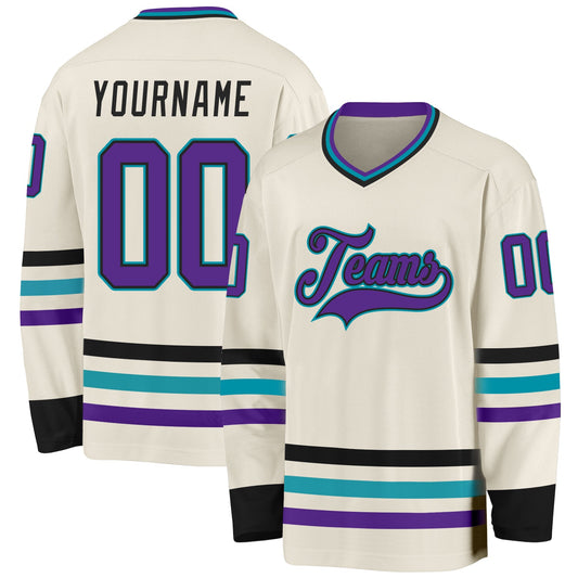 Custom Cream Purple Black-Teal Hockey Jersey - Sky-Custom