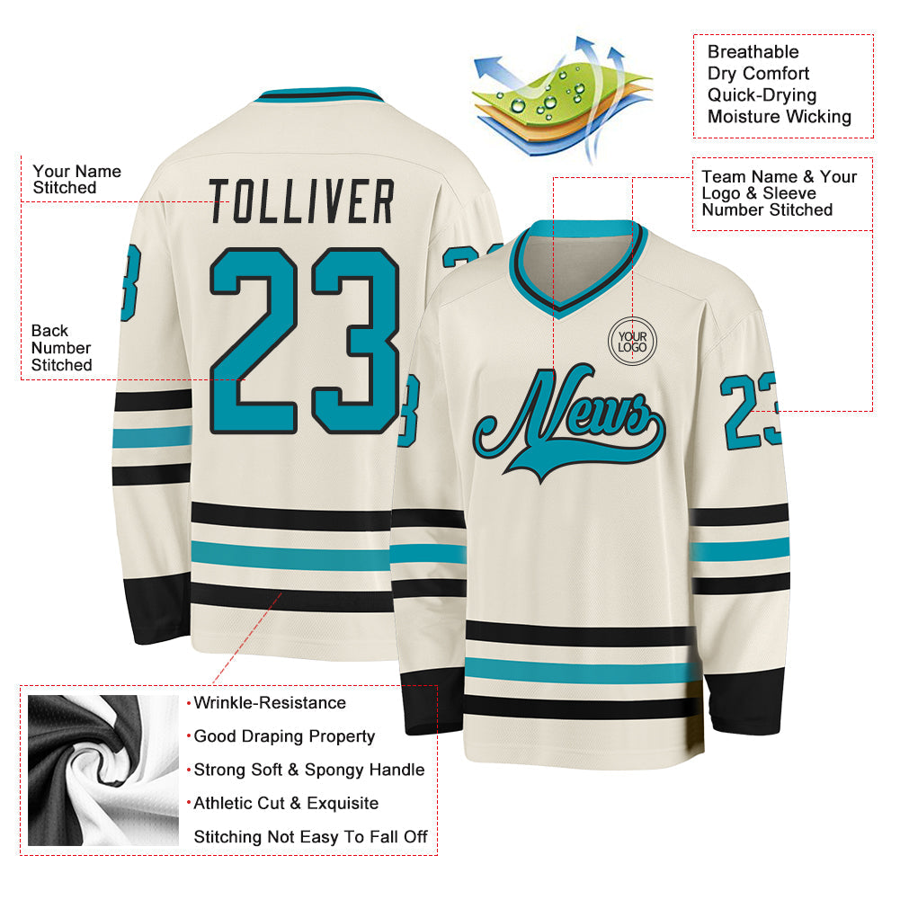 Custom Cream Teal-Black Hockey Jersey - Sky-Custom