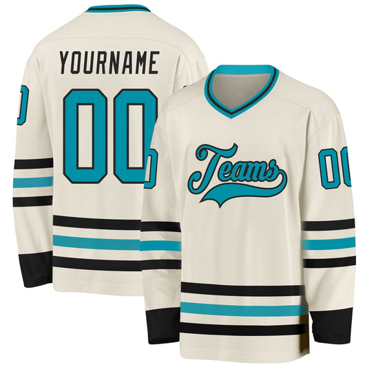 Custom Cream Teal-Black Hockey Jersey - Sky-Custom
