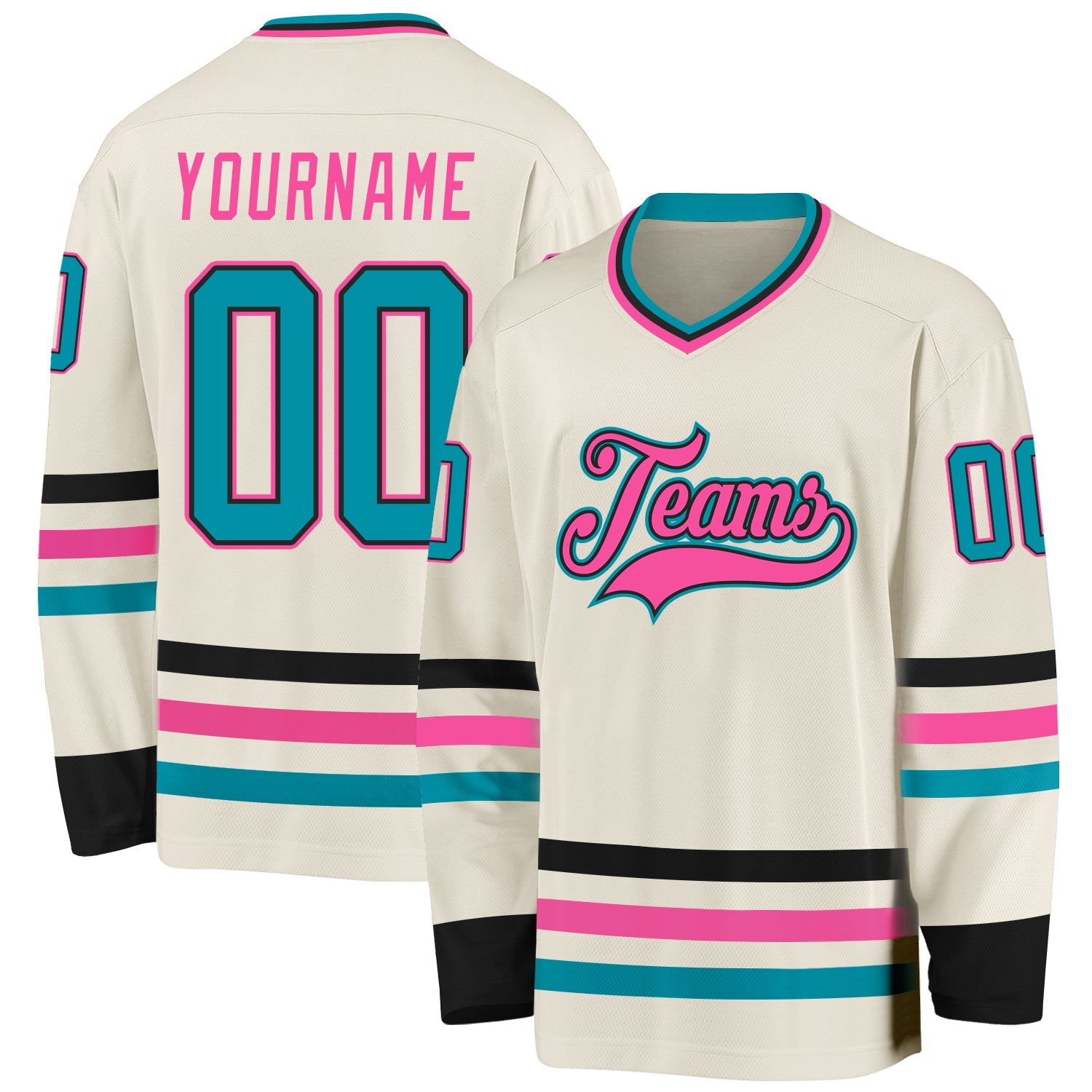 Custom Cream Teal Black-Pink Hockey Jersey - Sky-Custom