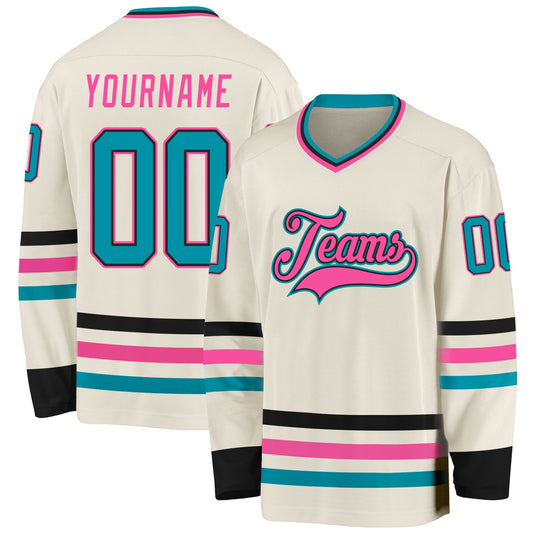 Custom Cream Teal Black-Pink Hockey Jersey - Sky-Custom