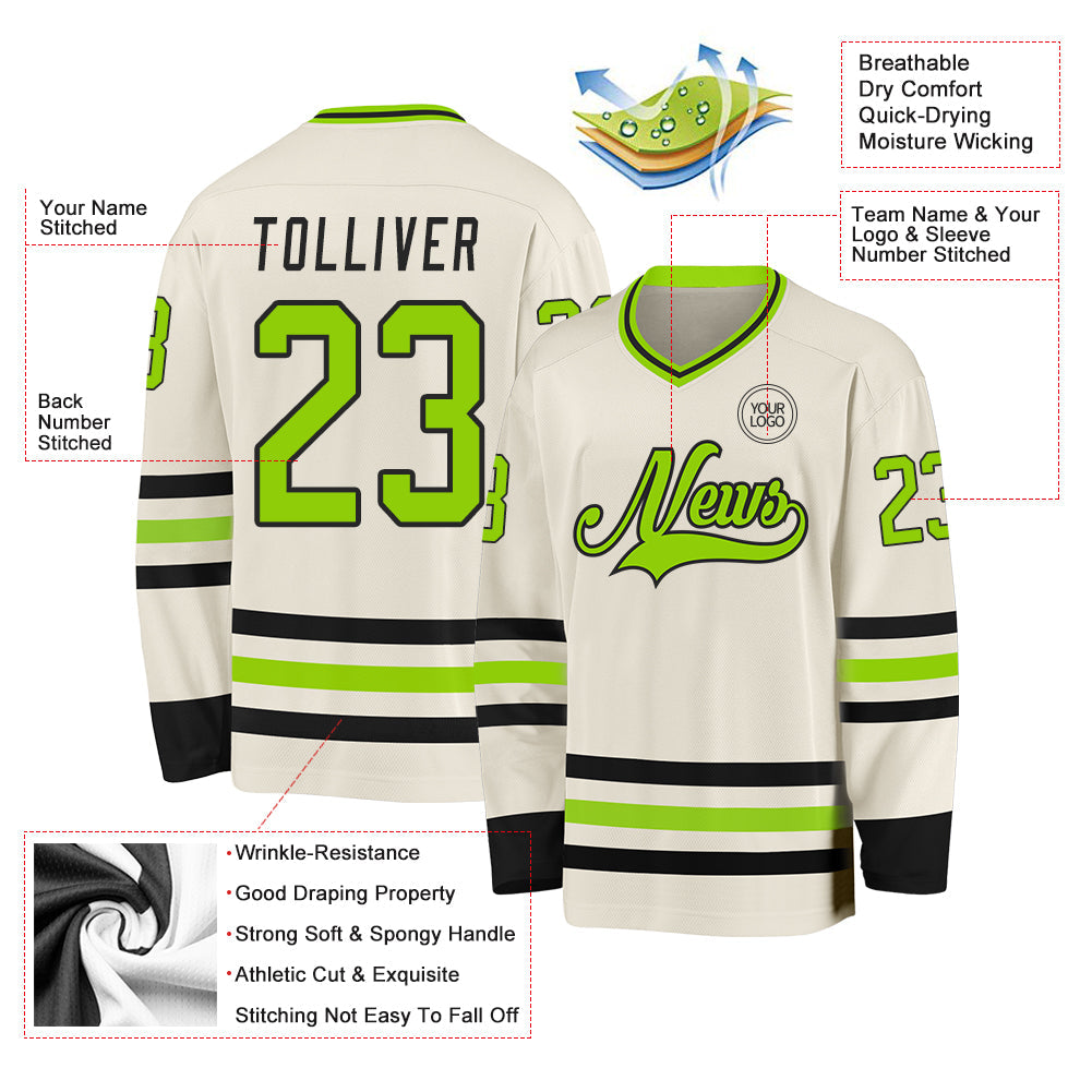 Custom Cream Neon Green-Black Hockey Jersey - Sky-Custom