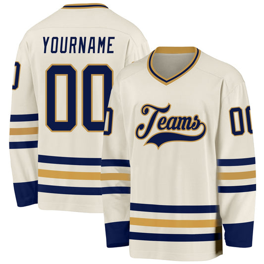Custom Cream Navy-Old Gold Hockey Jersey - Sky-Custom