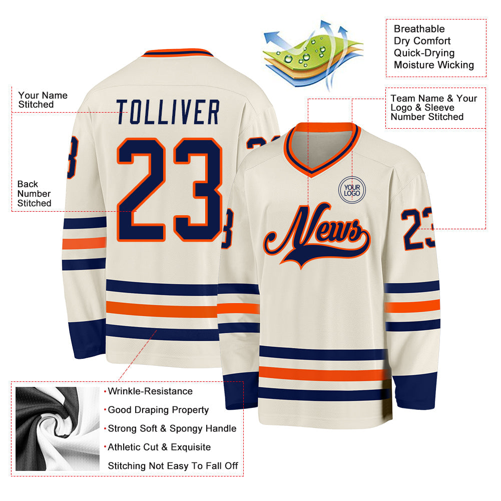 Custom Cream Navy-Orange Hockey Jersey - Sky-Custom