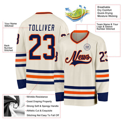 Custom Cream Navy-Orange Hockey Jersey - Sky-Custom