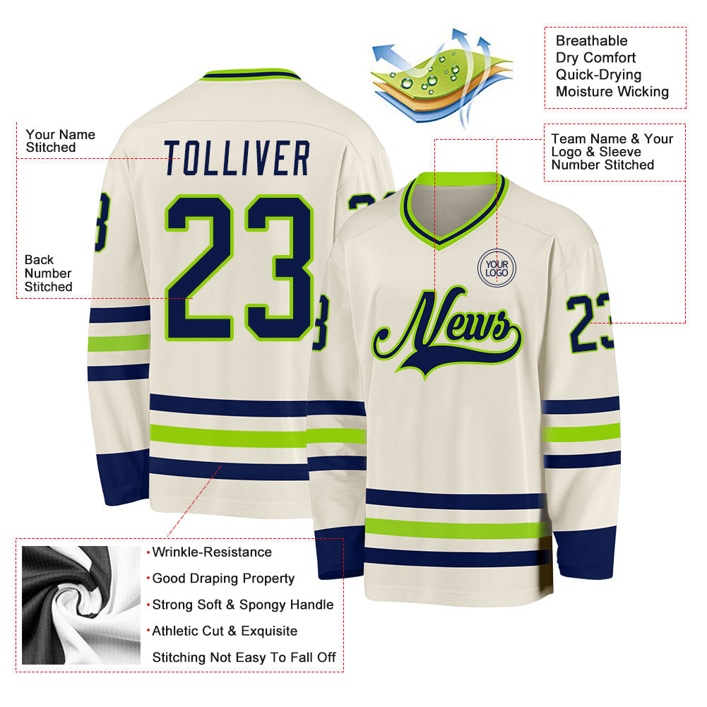 Custom Cream Navy-Neon Green Hockey Jersey - Sky-Custom