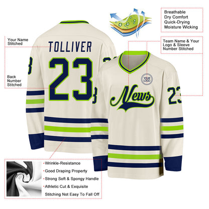 Custom Cream Navy-Neon Green Hockey Jersey - Sky-Custom