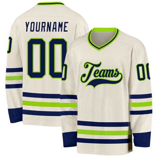 Custom Cream Navy-Neon Green Hockey Jersey - Sky-Custom