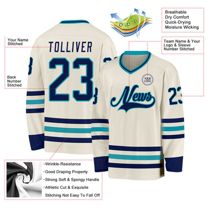 Custom Cream Navy-Teal Hockey Jersey - Sky-Custom