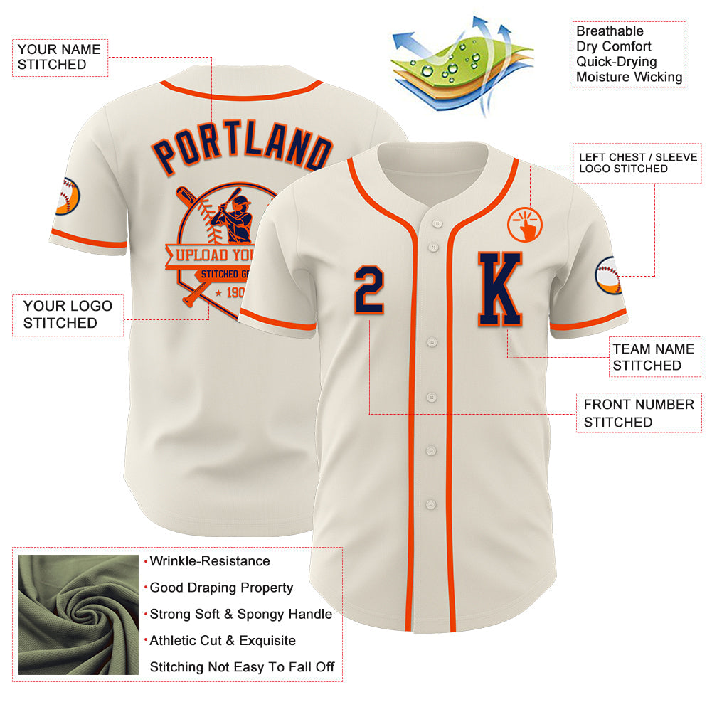 Custom Cream Navy-Orange Authentic Baseball Jersey - Sky-Custom