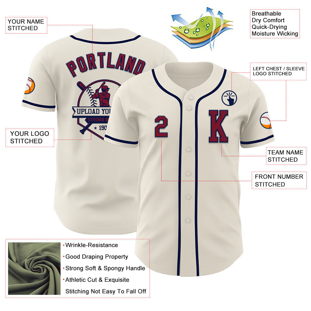 Custom Cream Crimson-Navy Authentic Baseball Jersey - Sky-Custom
