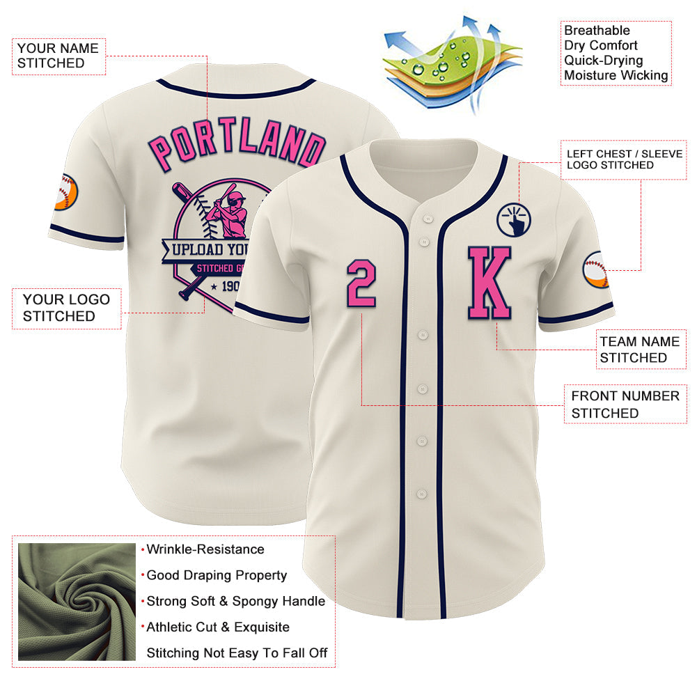 Custom Cream Pink-Navy Authentic Baseball Jersey - Sky-Custom