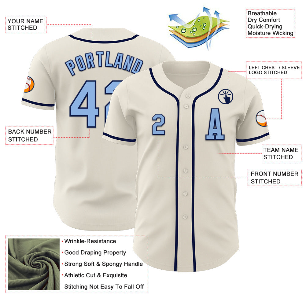 Custom Cream Light Blue-Navy Authentic Baseball Jersey - Sky-Custom