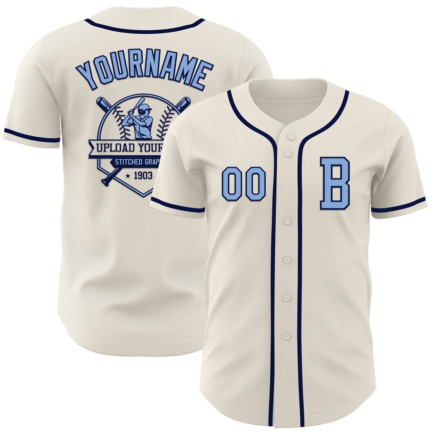 Custom Cream Light Blue-Navy Authentic Baseball Jersey - Sky-Custom