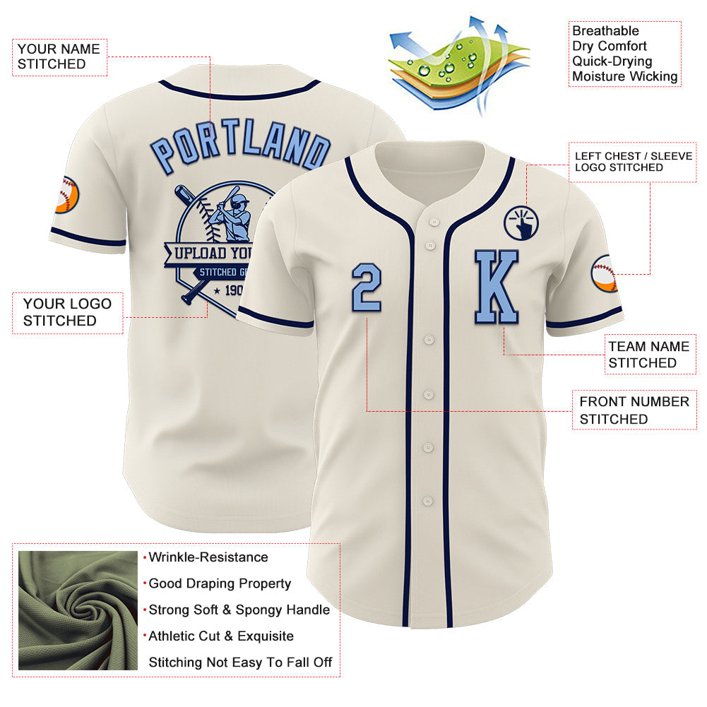 Custom Cream Light Blue-Navy Authentic Baseball Jersey - Sky-Custom