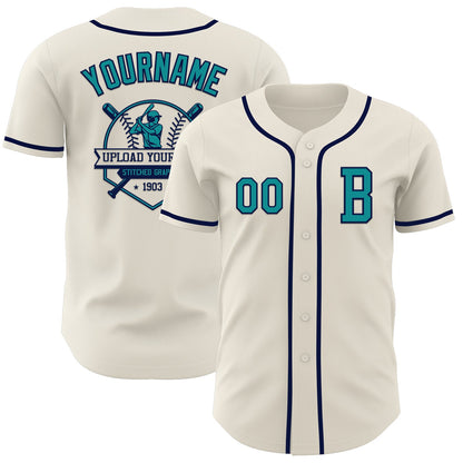 Custom Cream Teal-Navy Authentic Baseball Jersey - Sky-Custom