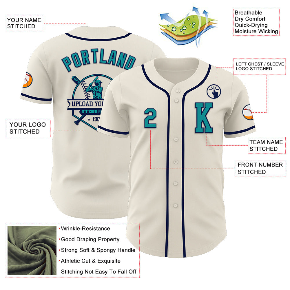 Custom Cream Teal-Navy Authentic Baseball Jersey - Sky-Custom