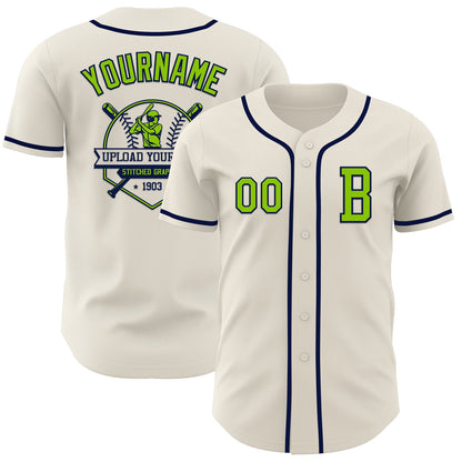 Custom Cream Neon Green-Navy Authentic Baseball Jersey - Sky-Custom