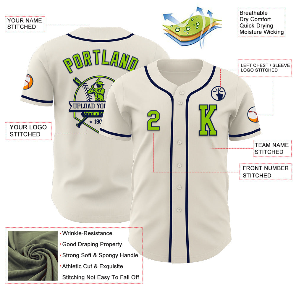 Custom Cream Neon Green-Navy Authentic Baseball Jersey - Sky-Custom