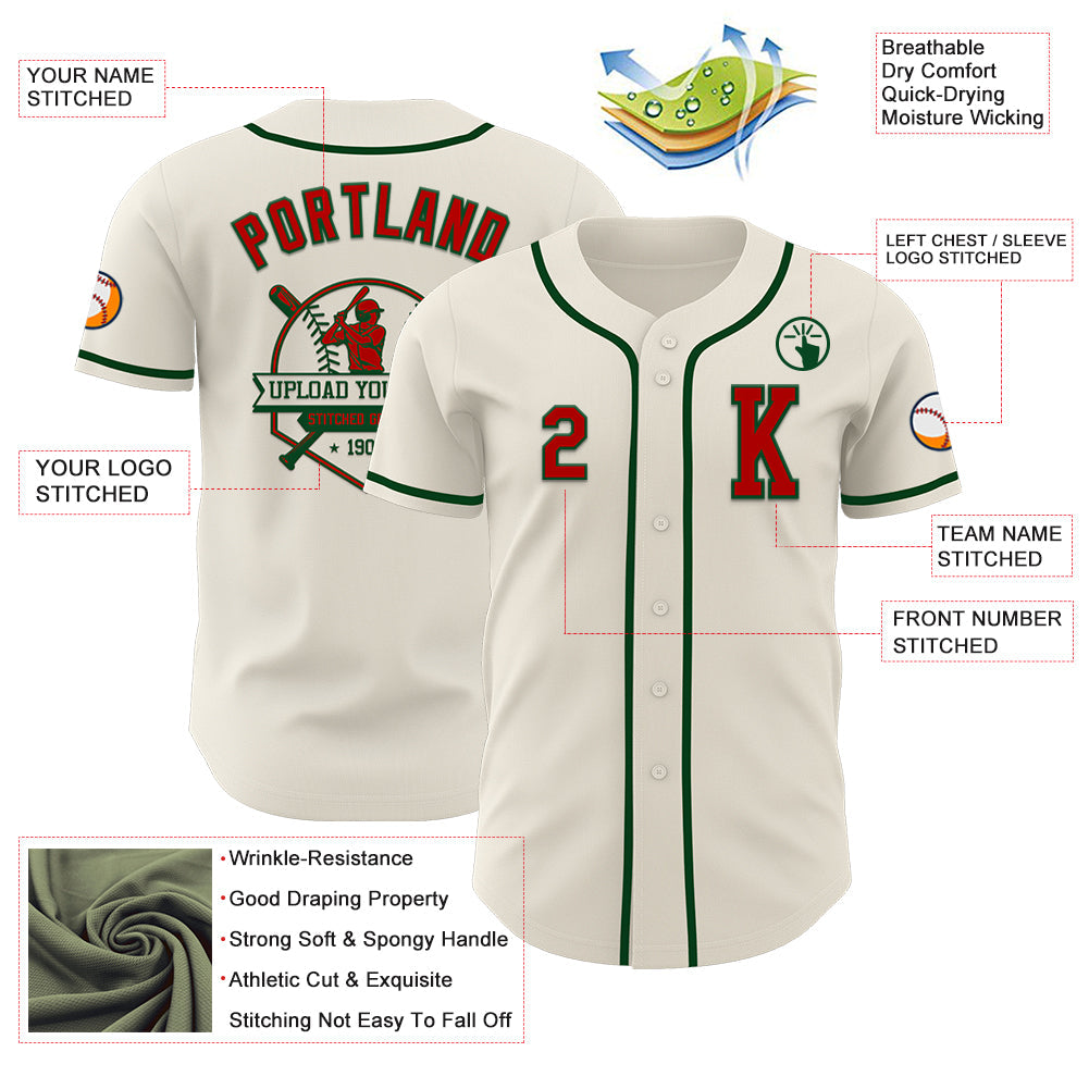 Custom Cream Red-Green Authentic Baseball Jersey - Sky-Custom