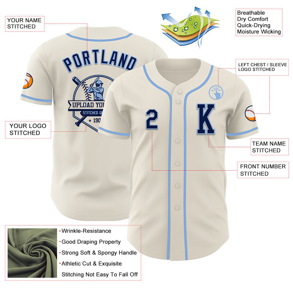 Custom Cream Navy-Light Blue Authentic Baseball Jersey - Sky-Custom