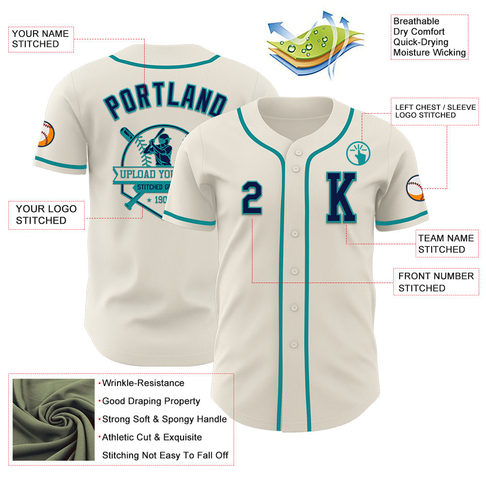 Custom Cream Navy-Teal Authentic Baseball Jersey - Sky-Custom