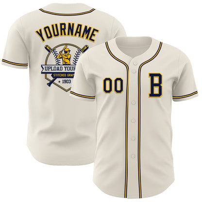 Custom Cream Navy-Gold Authentic Baseball Jersey - Sky-Custom