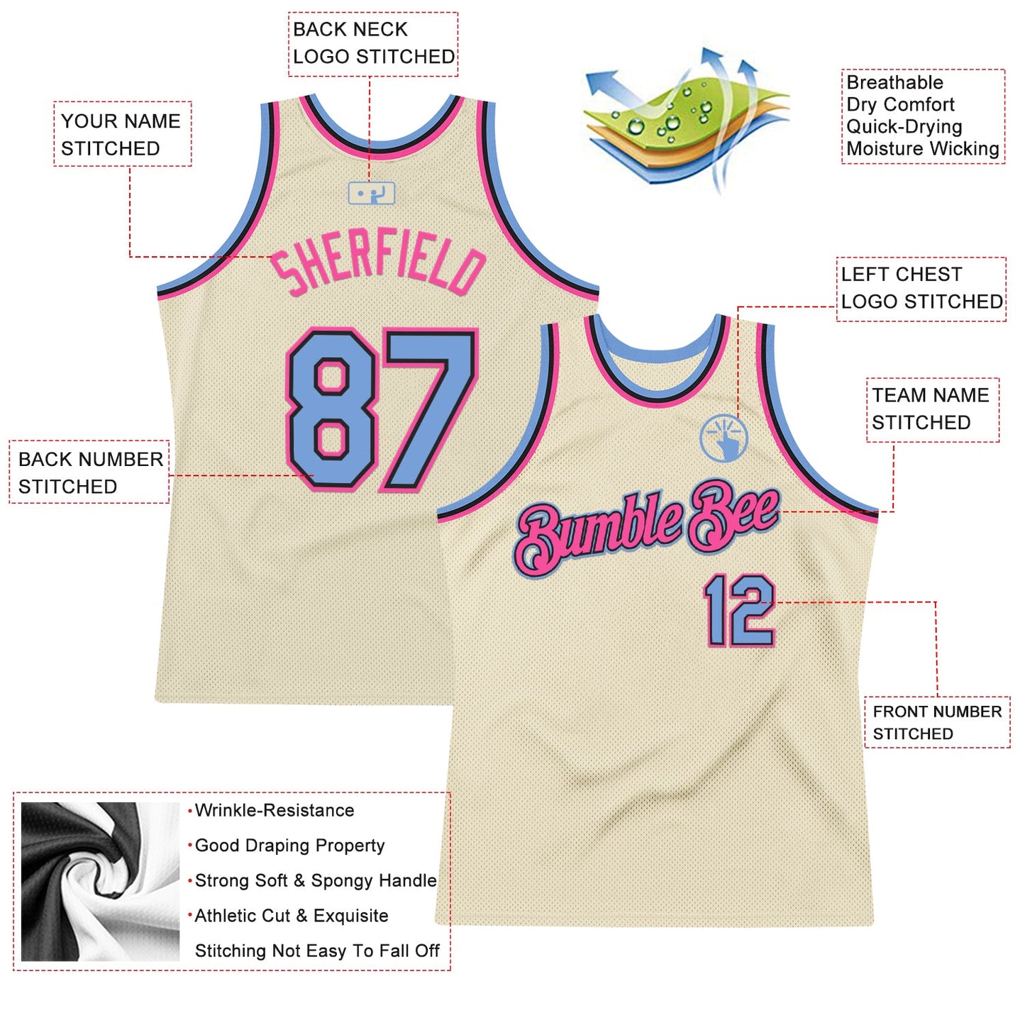 Custom Cream Light Blue Black-Pink Authentic Throwback Basketball Jersey - Sky-Custom