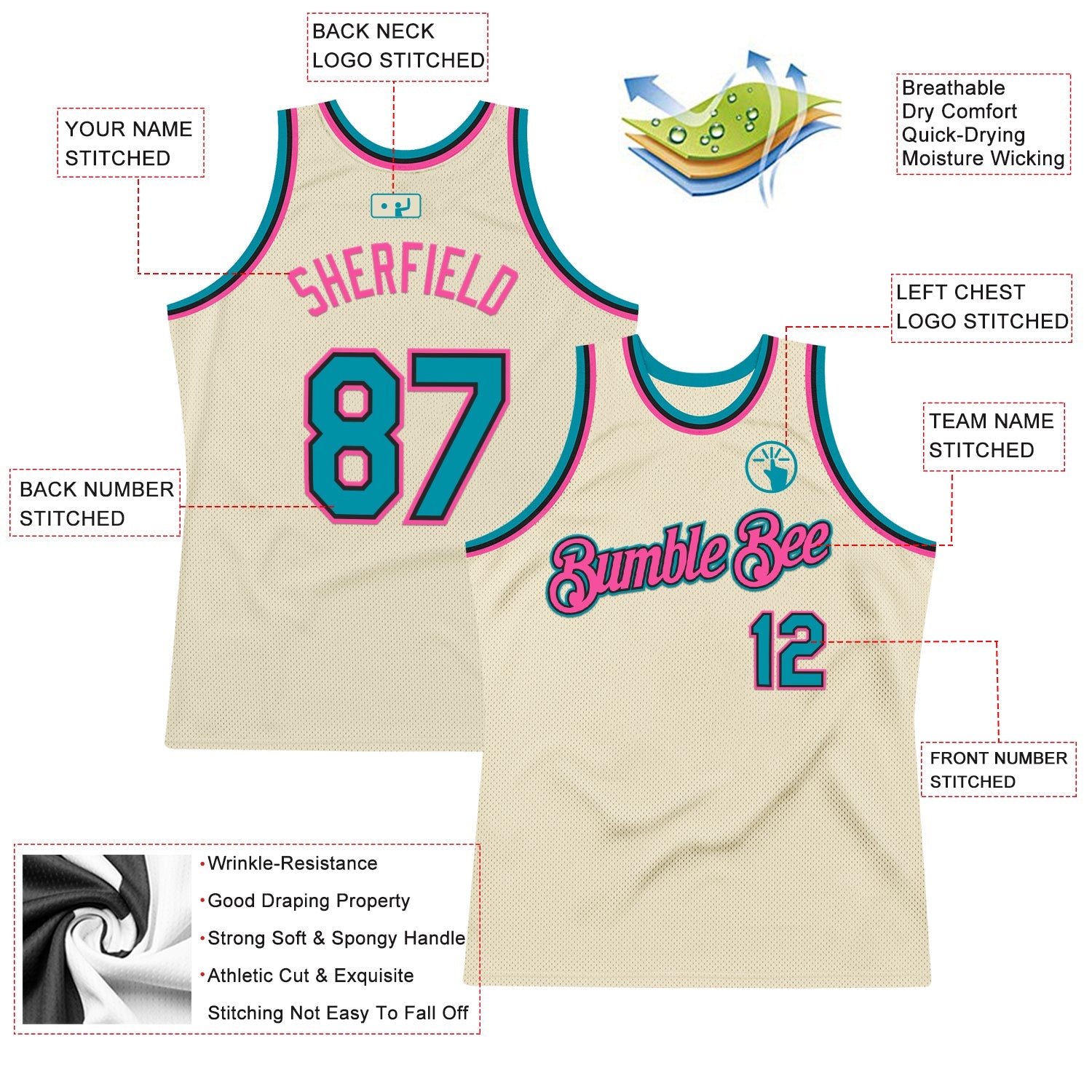 Custom Cream Teal Black-Pink Authentic Throwback Basketball Jersey - Sky-Custom