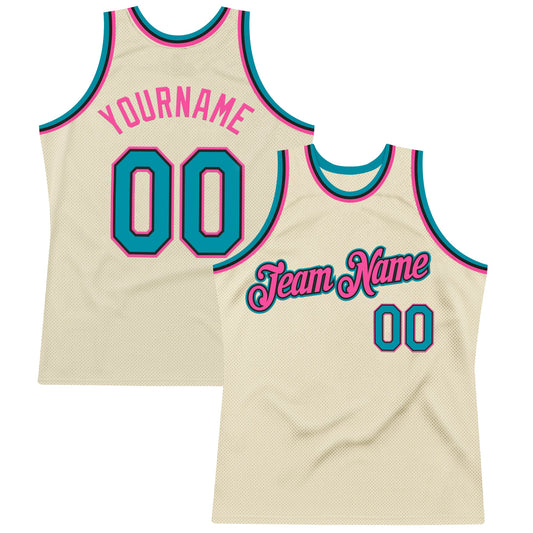 Custom Cream Teal Black-Pink Authentic Throwback Basketball Jersey - Sky-Custom