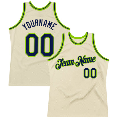 Custom Cream Navy-Neon Green Authentic Throwback Basketball Jersey - Sky-Custom