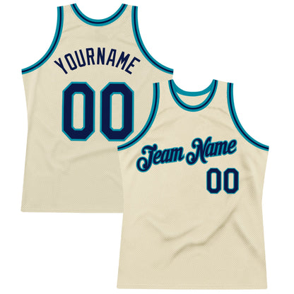 Custom Cream Navy-Teal Authentic Throwback Basketball Jersey - Sky-Custom