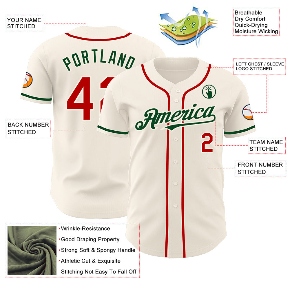 Custom Cream Red-Green Authentic Baseball Jersey - Sky-Custom