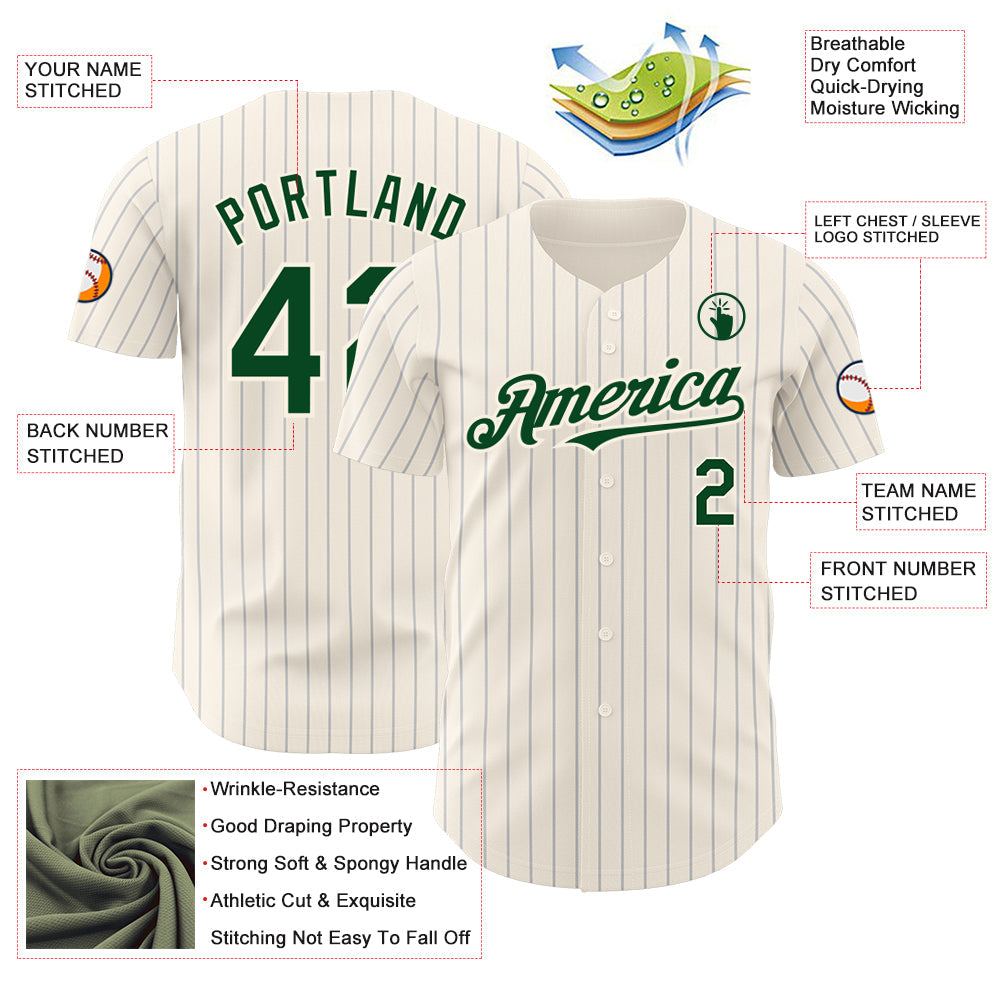 Custom Cream Gray Pinstripe Green Authentic Baseball Jersey - Sky-Custom