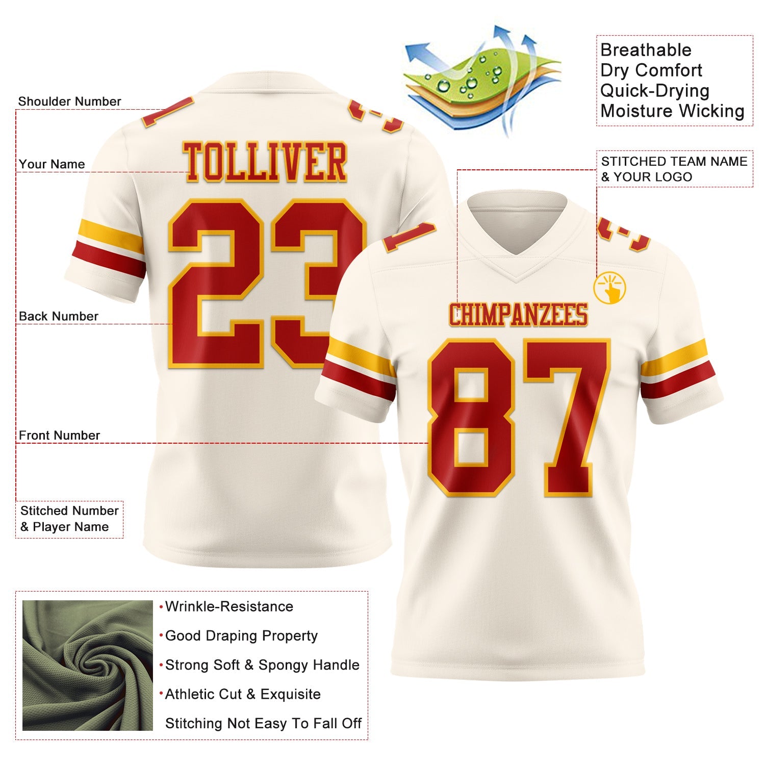 Custom Cream Red-Gold Mesh Authentic Football Jersey - Sky-Custom