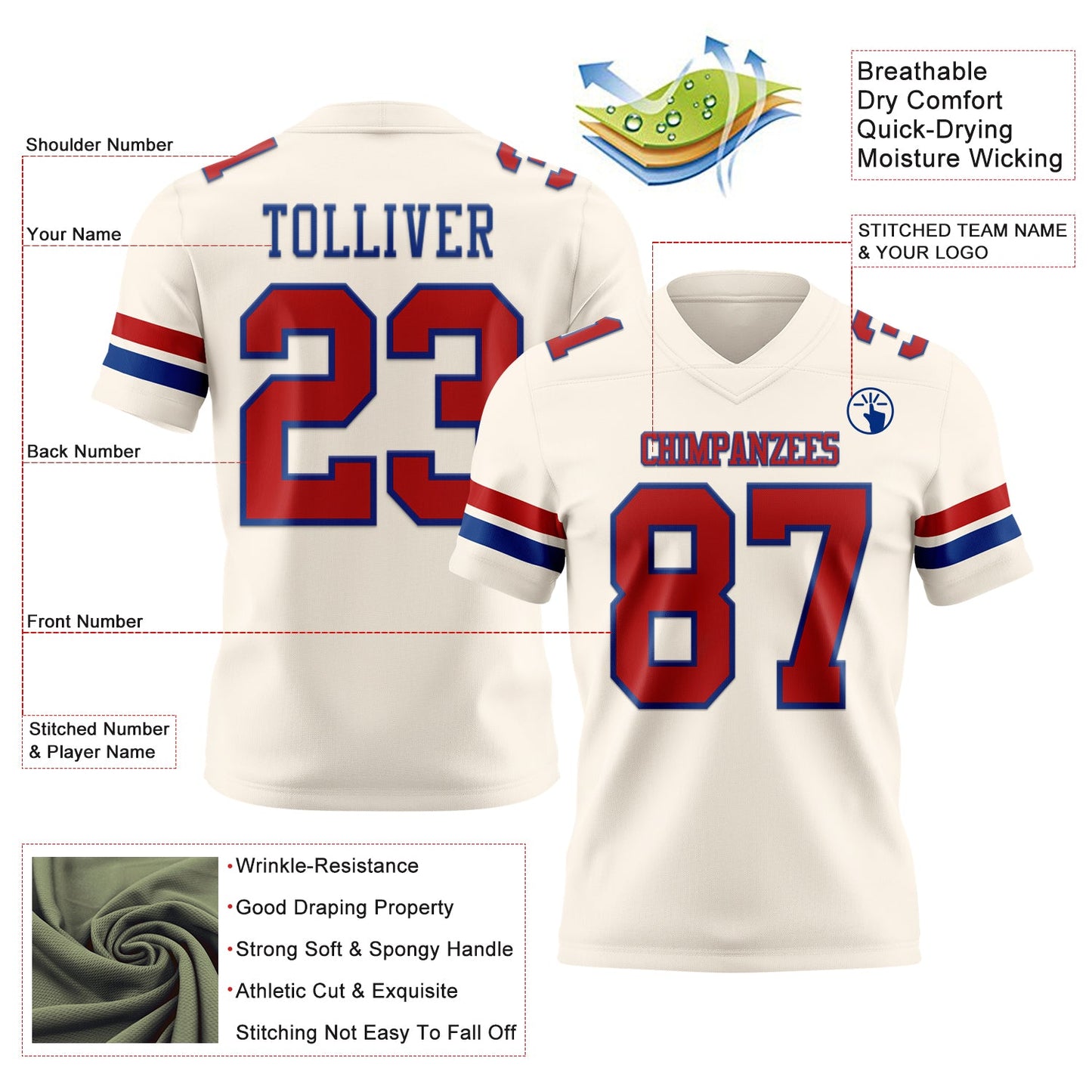 Custom Cream Red-Royal Mesh Authentic Football Jersey - Sky-Custom