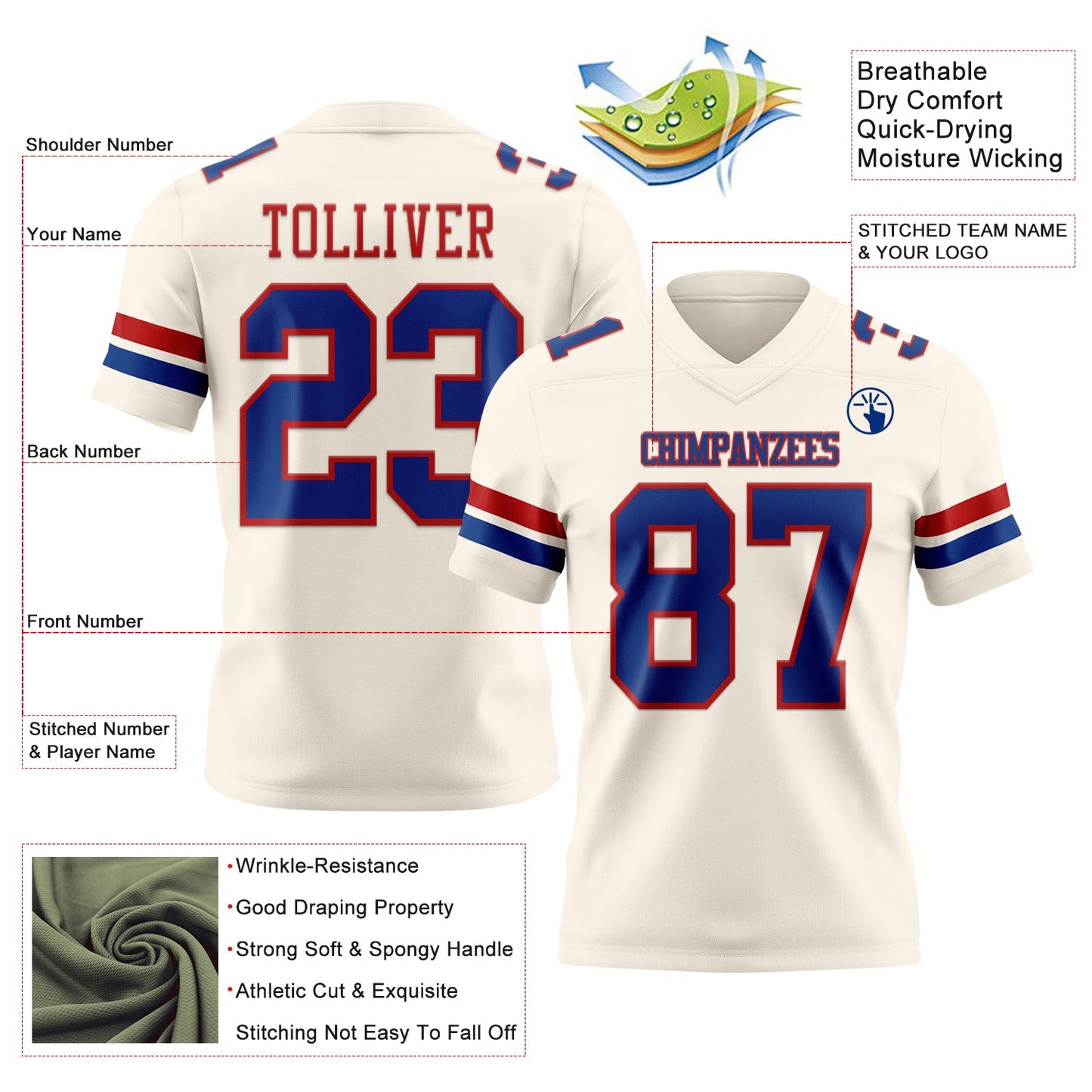 Custom Cream Royal-Red Mesh Authentic Football Jersey - Sky-Custom