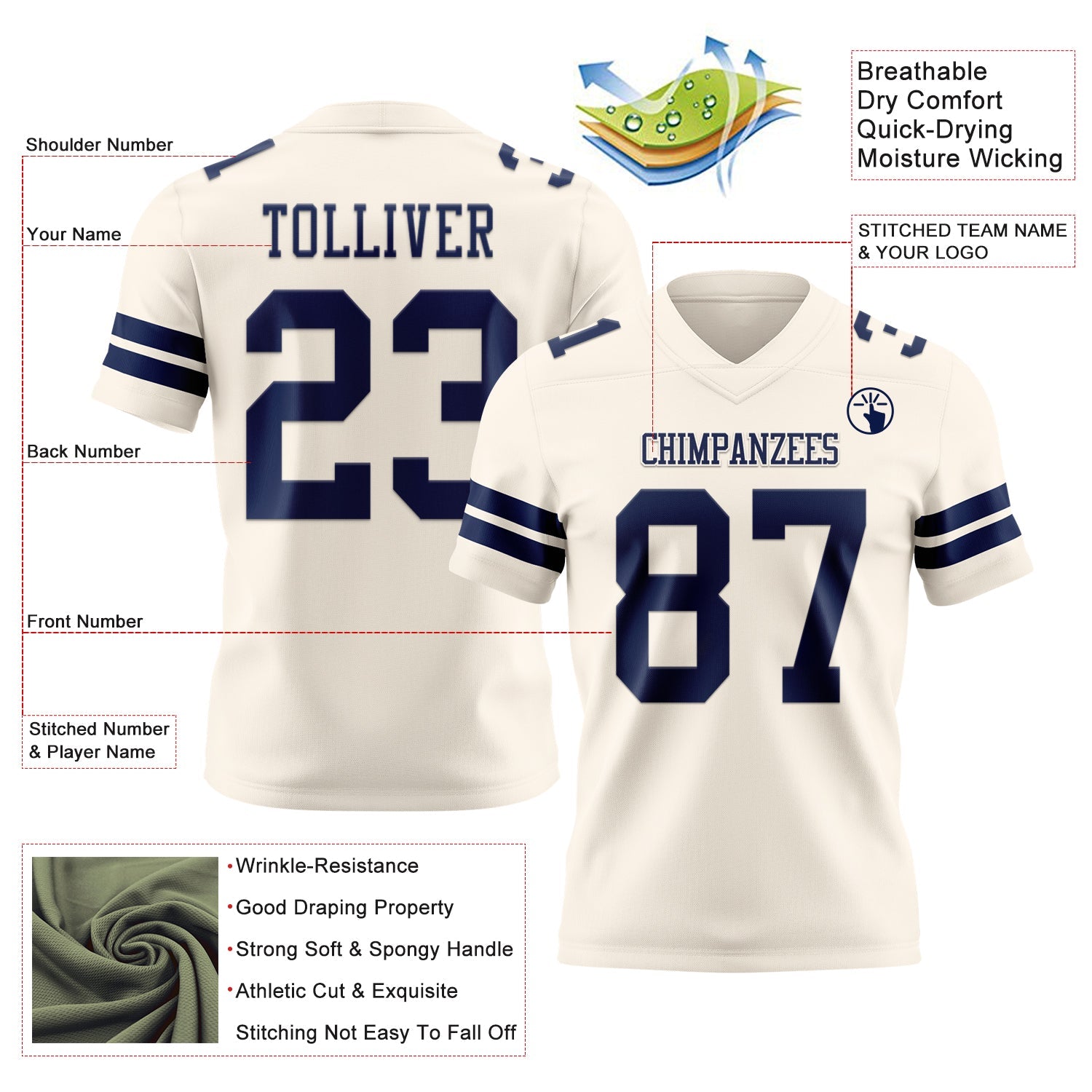 Custom Cream Navy Mesh Authentic Football Jersey - Sky-Custom