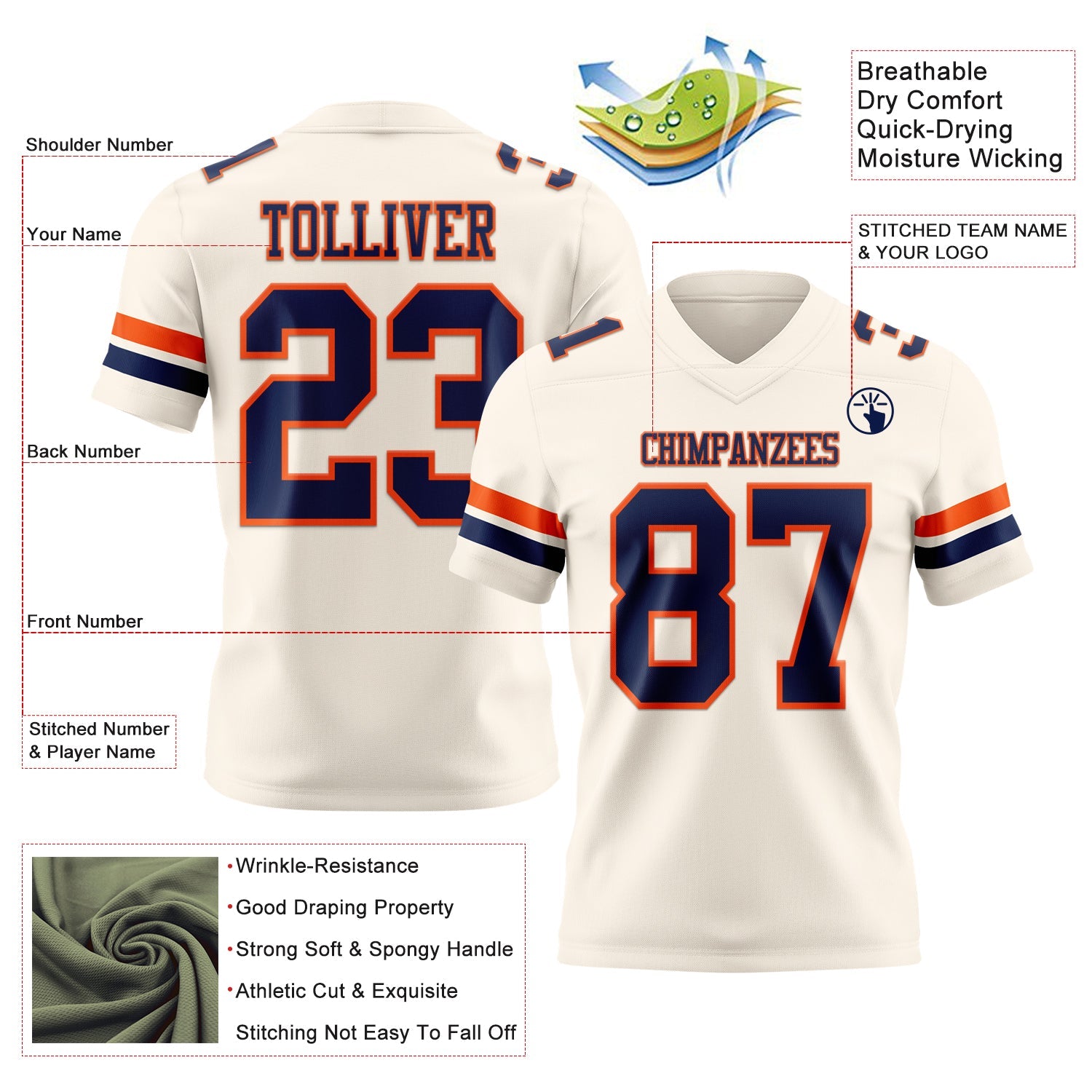 Custom Cream Navy-Orange Mesh Authentic Football Jersey - Sky-Custom