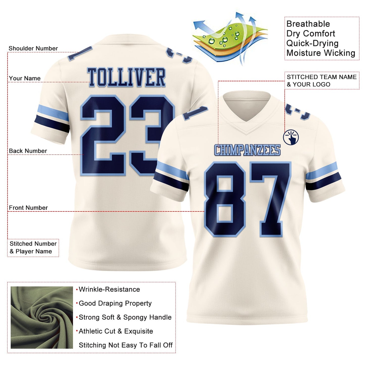 Custom Cream Navy-Light Blue Mesh Authentic Football Jersey - Sky-Custom