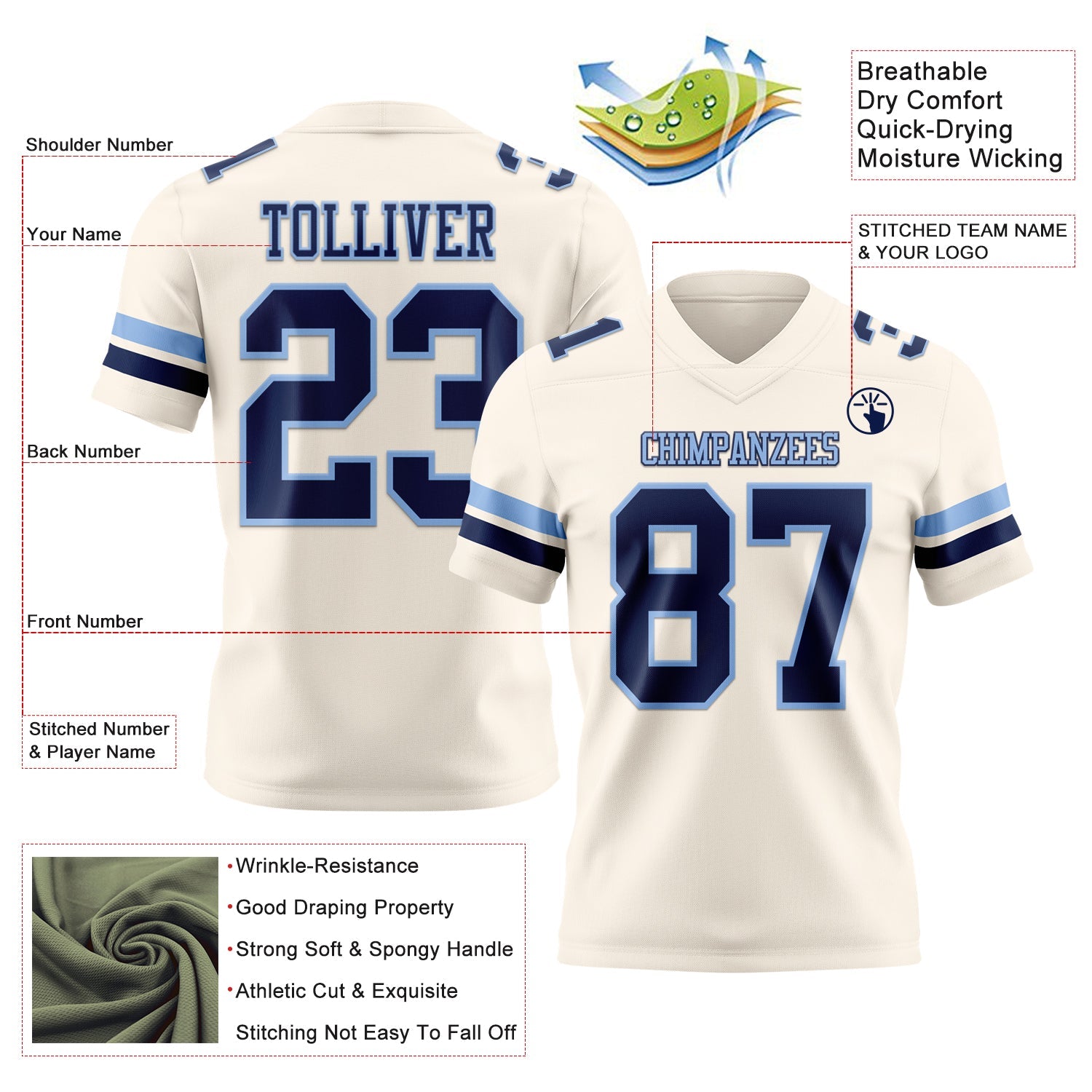 Custom Cream Navy-Light Blue Mesh Authentic Football Jersey - Sky-Custom