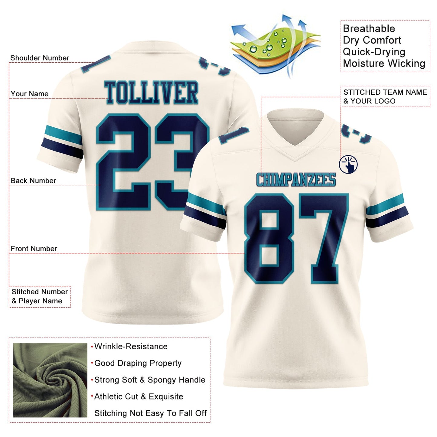 Custom Cream Navy-Teal Mesh Authentic Football Jersey - Sky-Custom