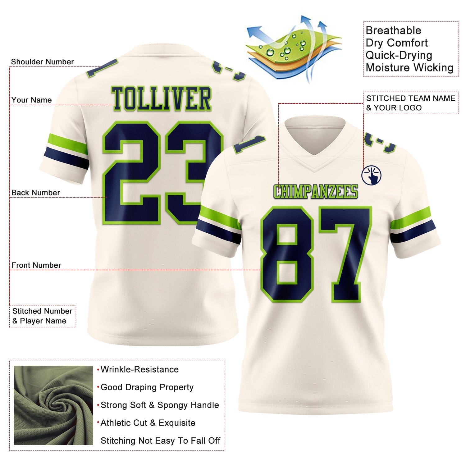 Custom Cream Navy-Neon Green Mesh Authentic Football Jersey - Sky-Custom