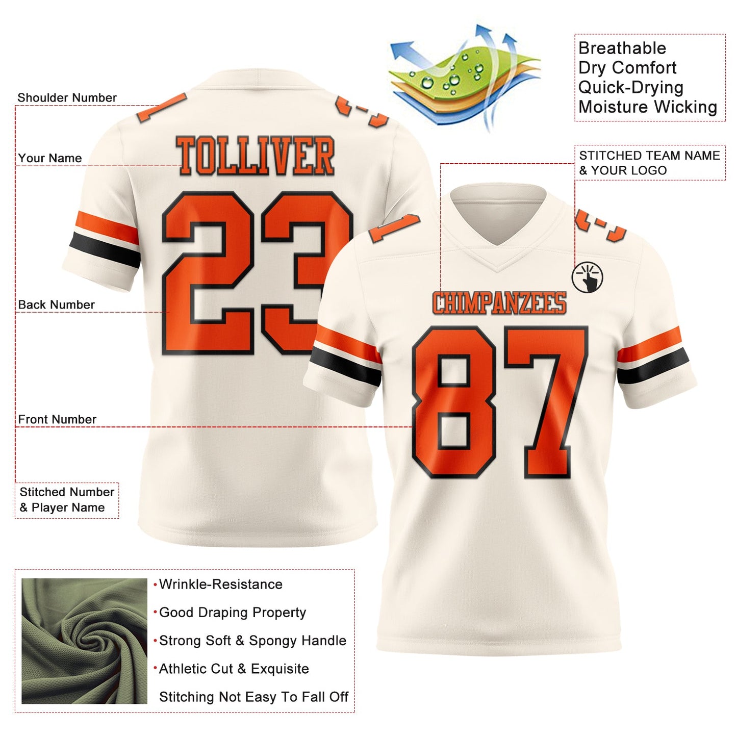Custom Cream Orange-Black Mesh Authentic Football Jersey - Sky-Custom