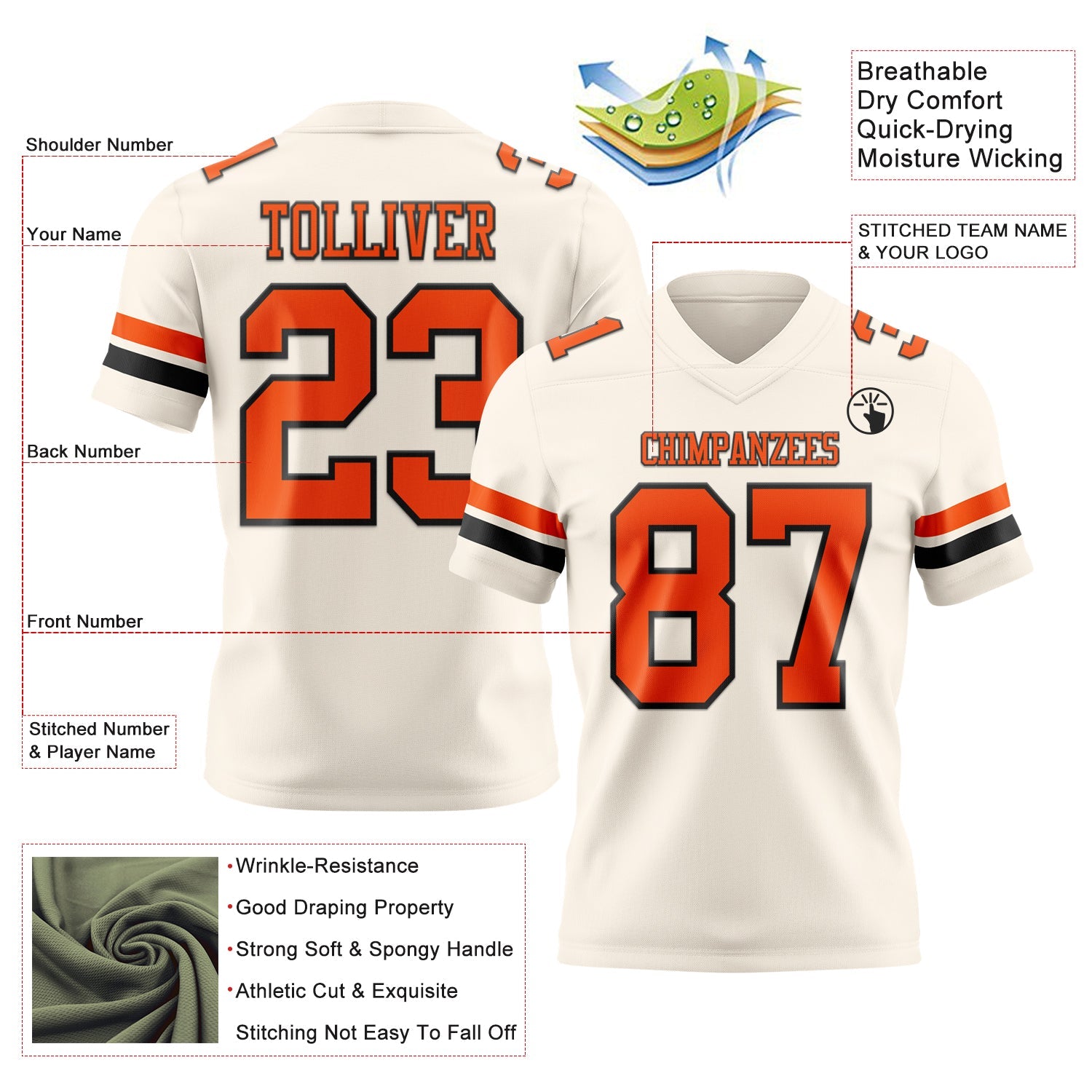 Custom Cream Orange-Black Mesh Authentic Football Jersey - Sky-Custom