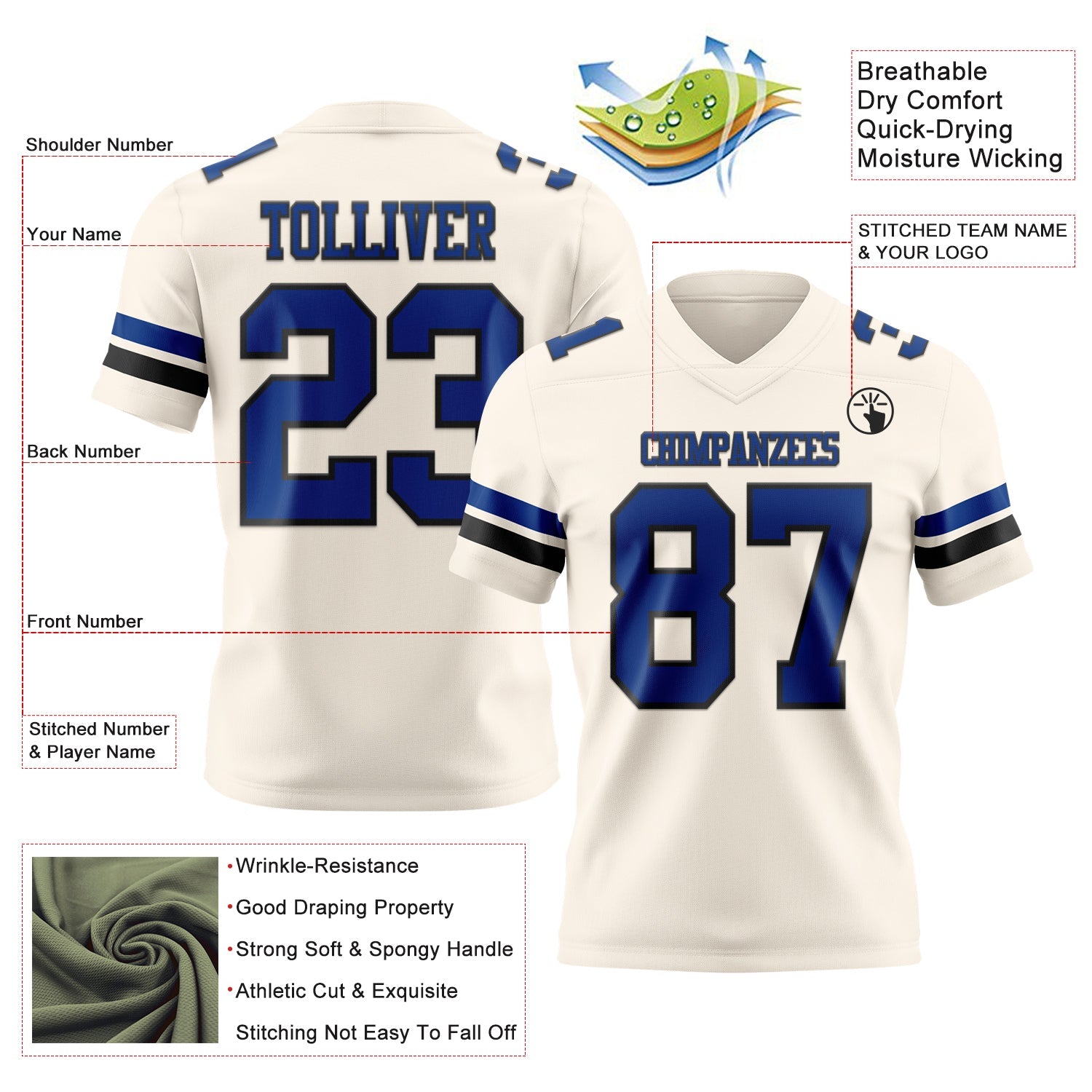 Custom Cream Royal-Black Mesh Authentic Football Jersey - Sky-Custom