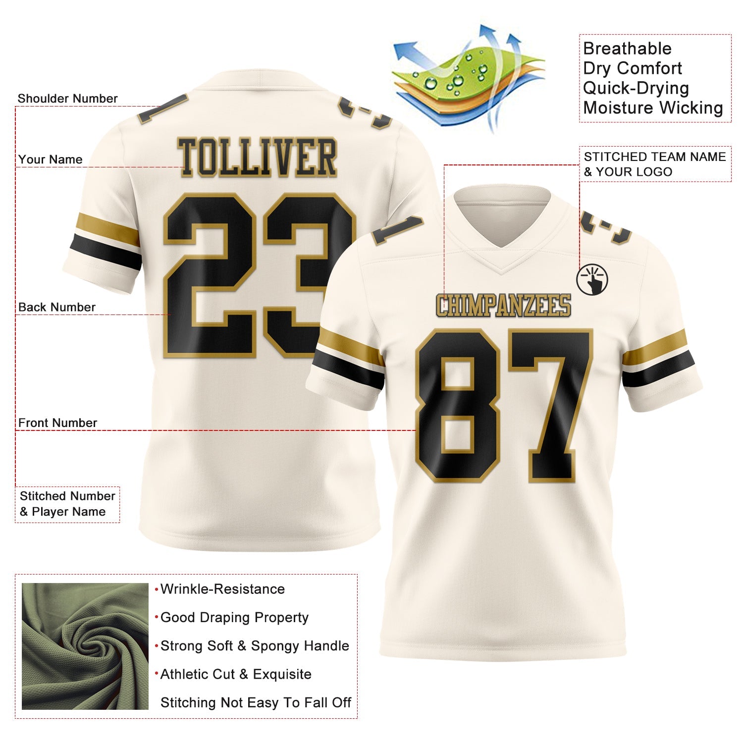Custom Cream Black-Old Gold Mesh Authentic Football Jersey - Sky-Custom