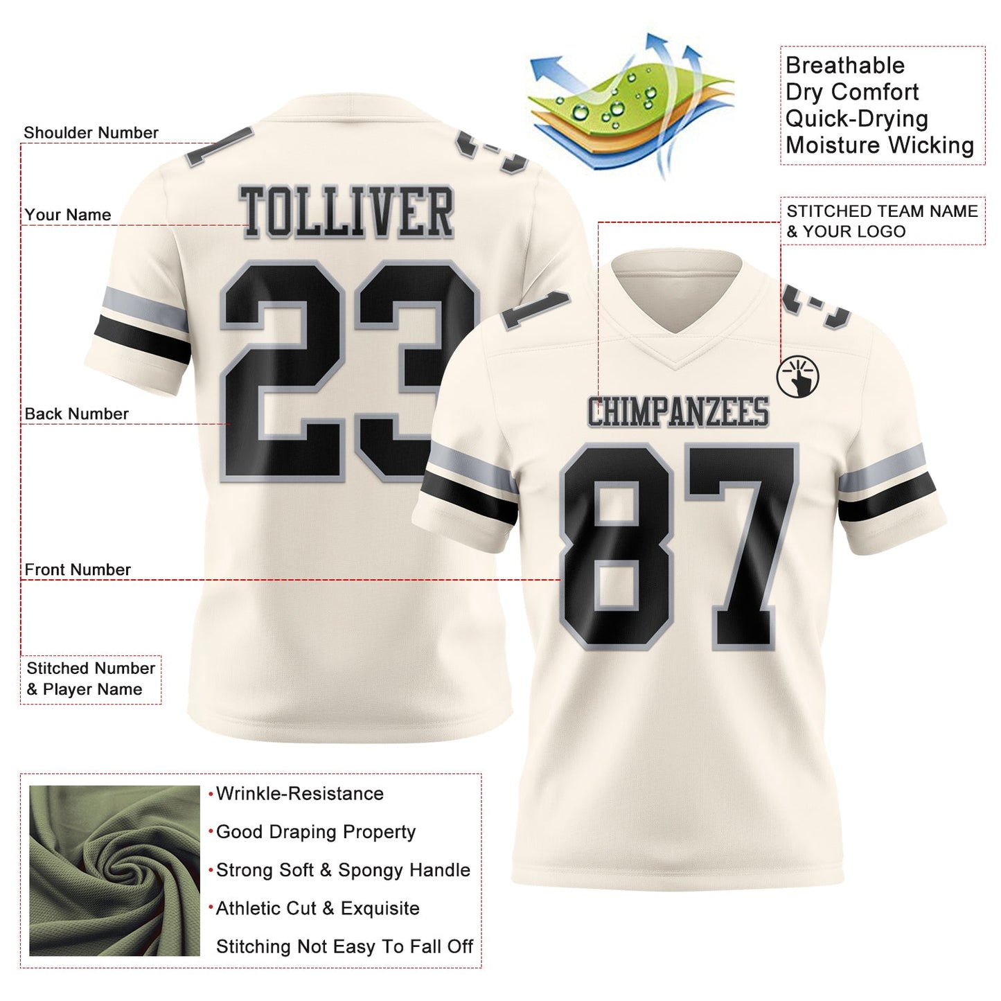 Custom Cream Black-Gray Mesh Authentic Football Jersey - Sky-Custom